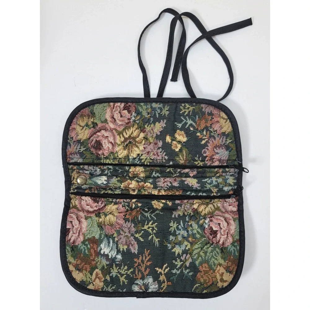 Vtg Floral Tapestry Jewelry Roll Travel Organizer Pouch 2 Zip Pockets/Ring‎ Bar